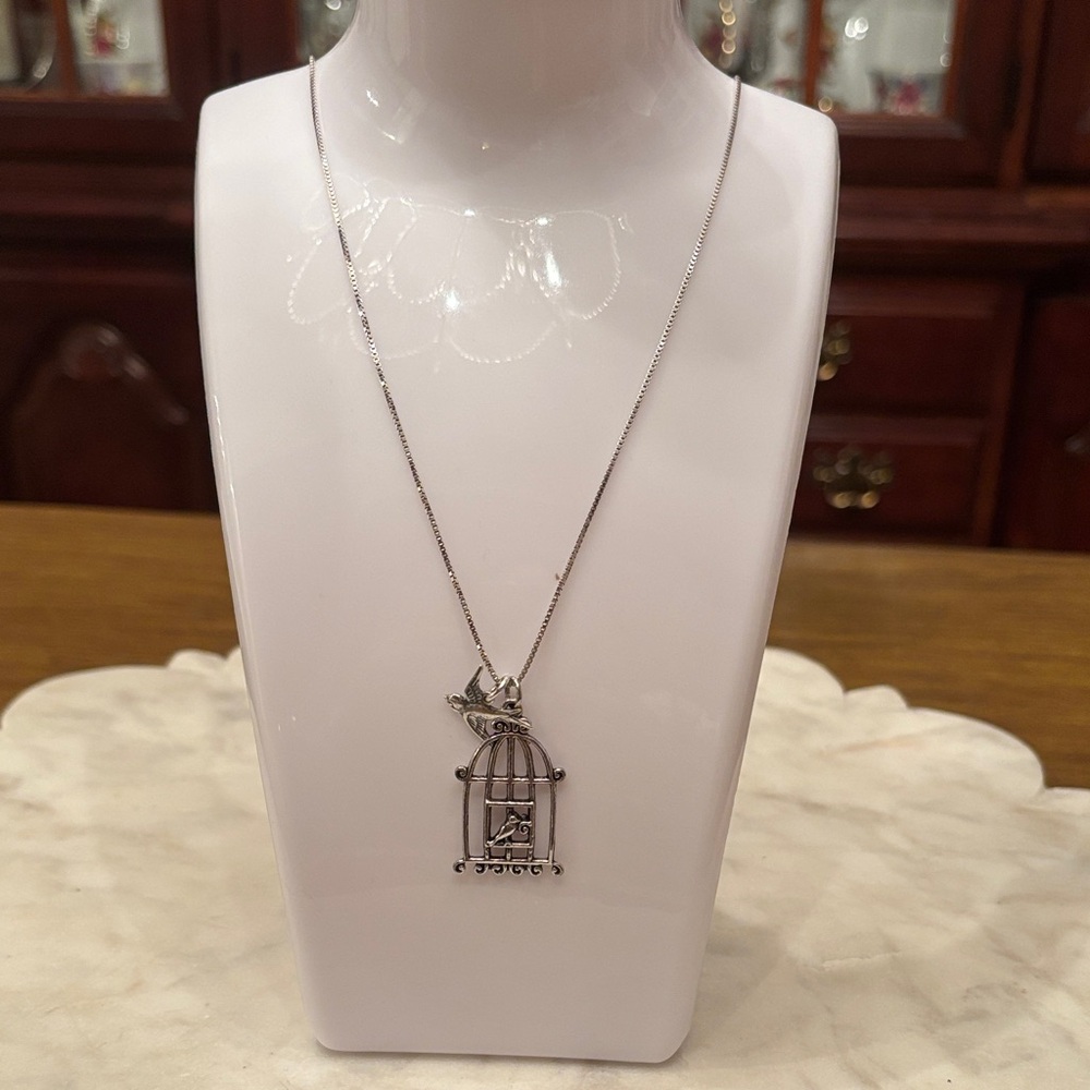 Sterling Silver 18 inch Box Chain along with Birdcage and Bird Charms
